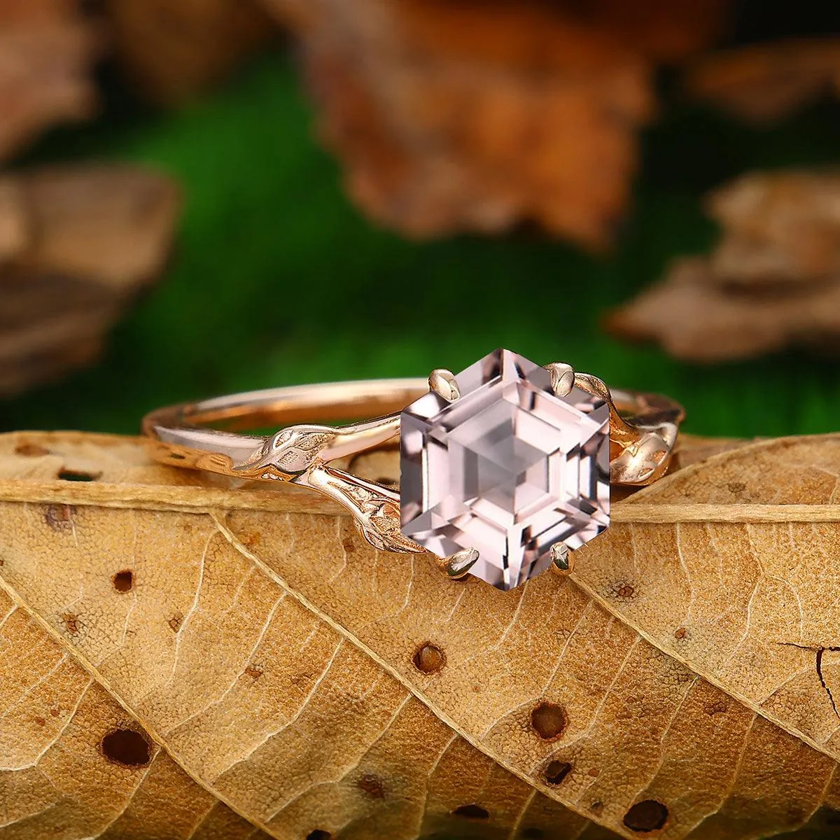 Antique 2.2ct Hexagon Cut Natural Pink Morganite Nature Leaf Vines Solitaire Ring