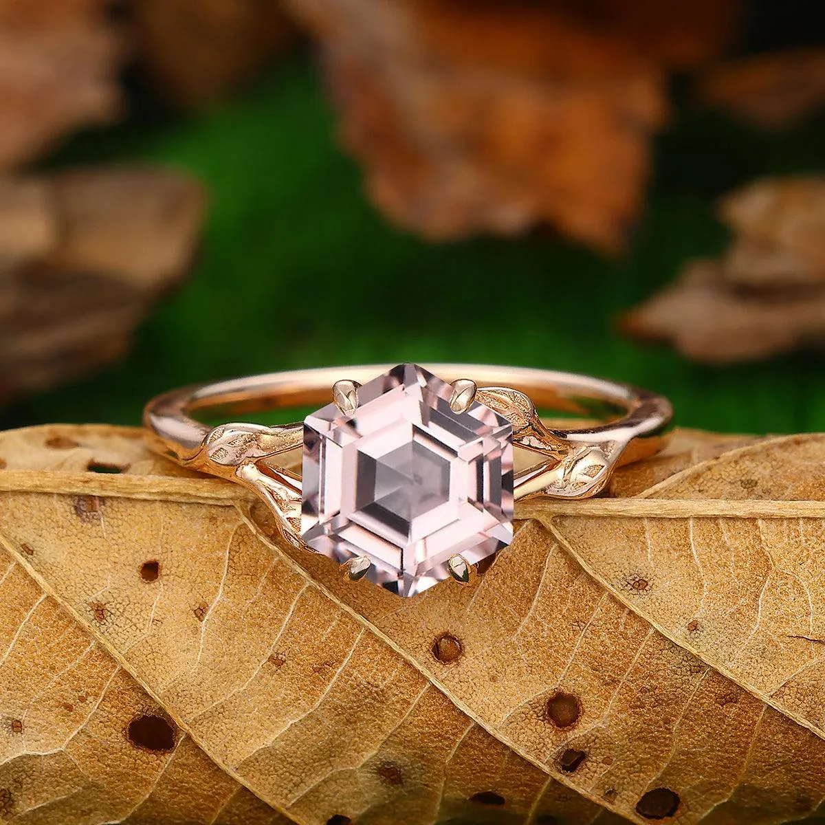 Antique 2.2ct Hexagon Cut Natural Pink Morganite Nature Leaf Vines Solitaire Ring