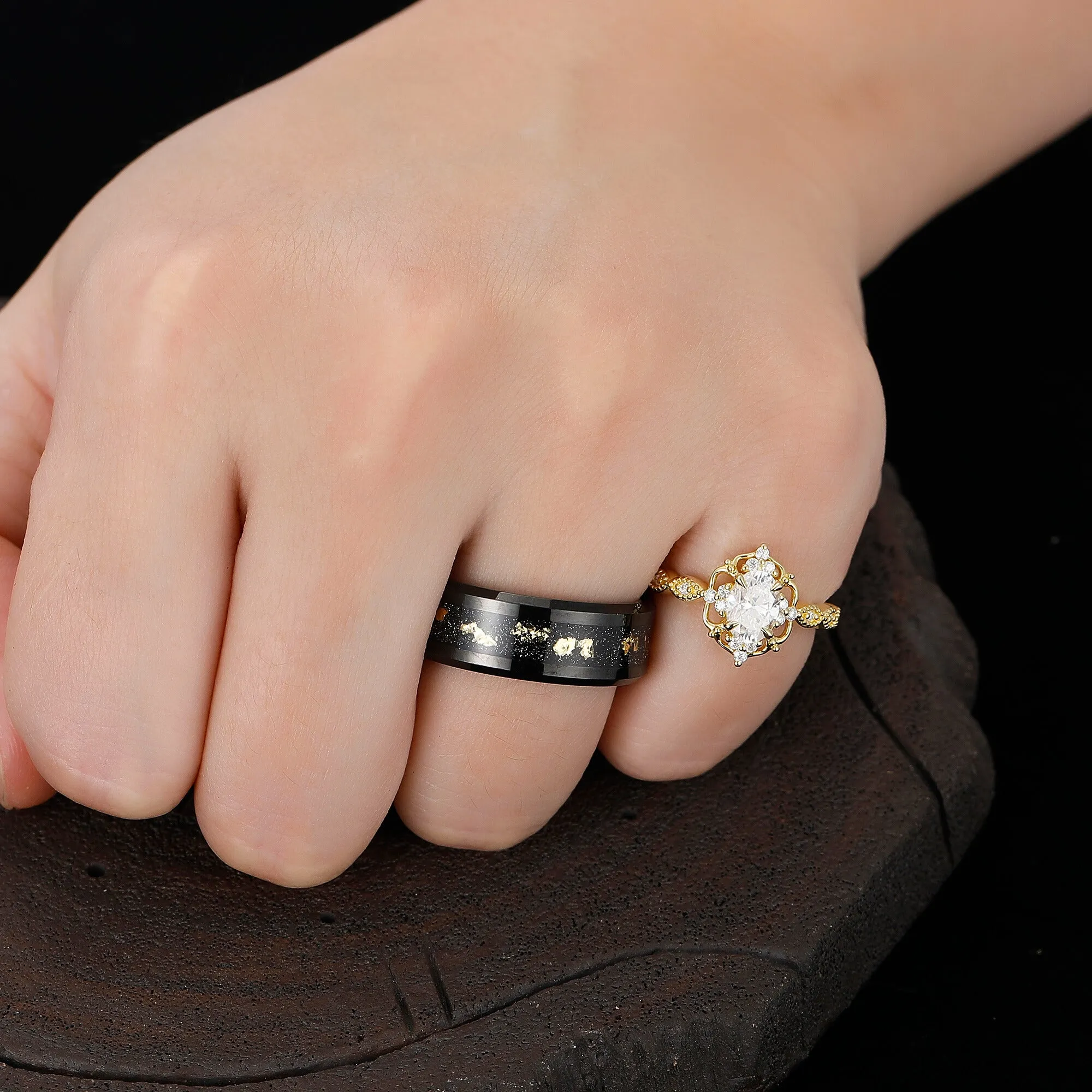 Antique Moissanite Engagement Floral Prongs Couples Ring Set 925 Sterling Silver And Tungsten Ring Set