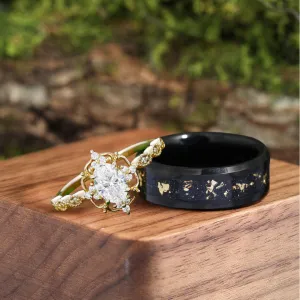 Antique Moissanite Engagement Floral Prongs Couples Ring Set 925 Sterling Silver And Tungsten Ring Set