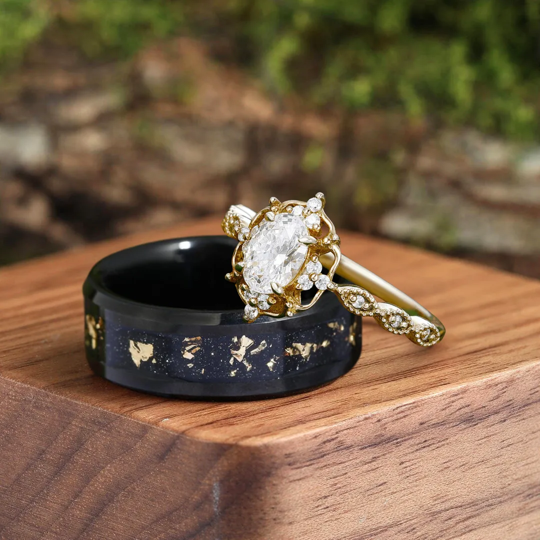 Antique Moissanite Engagement Floral Prongs Couples Ring Set 925 Sterling Silver And Tungsten Ring Set