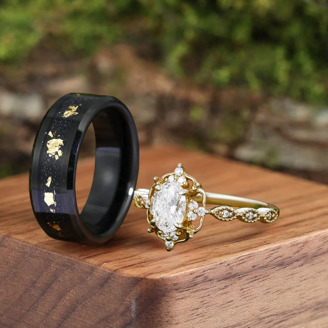 Antique Moissanite Engagement Floral Prongs Couples Ring Set 925 Sterling Silver And Tungsten Ring Set