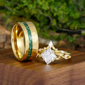 Antique Moissanite Engagement Slender Leaves His and Hers Wedding Band Emerald Tungsten Couples Ring Set