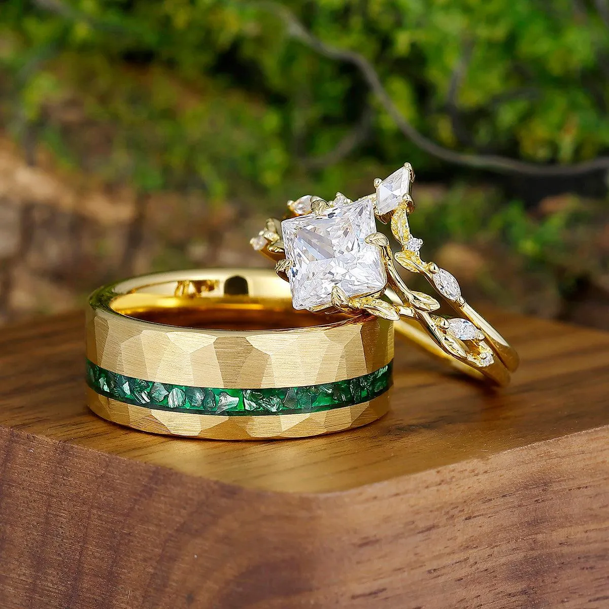 Antique Moissanite Engagement Slender Leaves His and Hers Wedding Band Emerald Tungsten Couples Ring Set