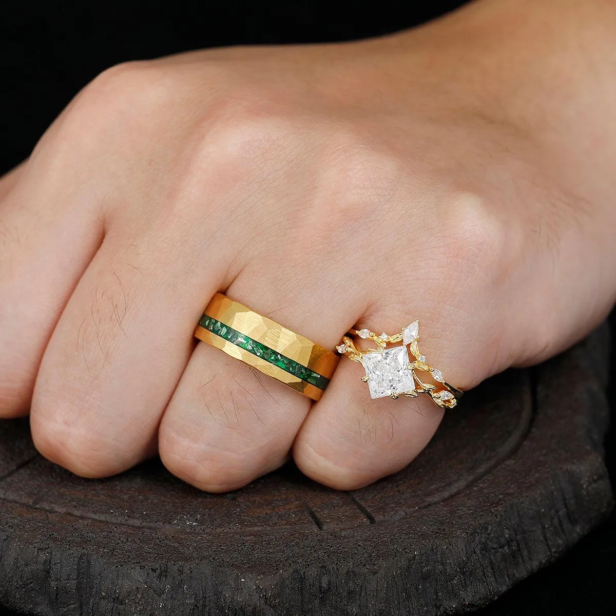 Antique Moissanite Engagement Slender Leaves His and Hers Wedding Band Emerald Tungsten Couples Ring Set