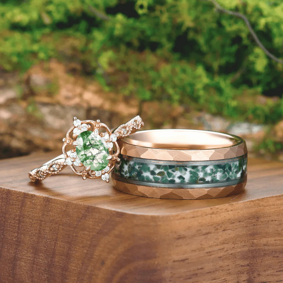 Antique Natural Moss Agate Floral Ring Matching Hammered Tungsten Couples Ring Set