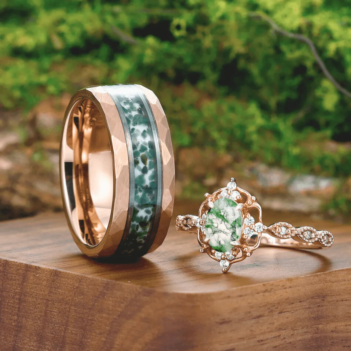 Antique Natural Moss Agate Floral Ring Matching Hammered Tungsten Couples Ring Set