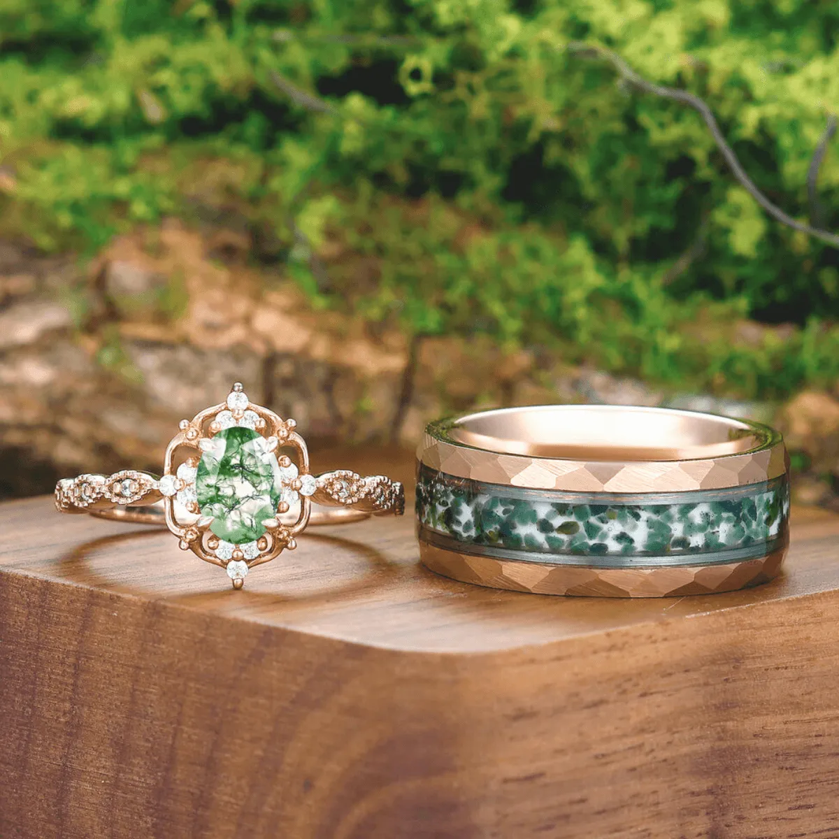 Antique Natural Moss Agate Floral Ring Matching Hammered Tungsten Couples Ring Set