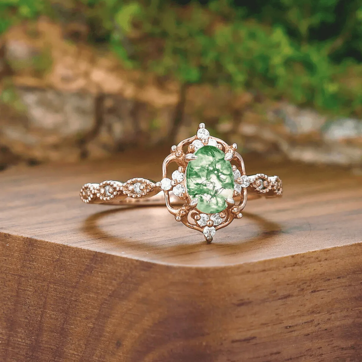 Antique Natural Moss Agate Floral Ring Matching Hammered Tungsten Couples Ring Set
