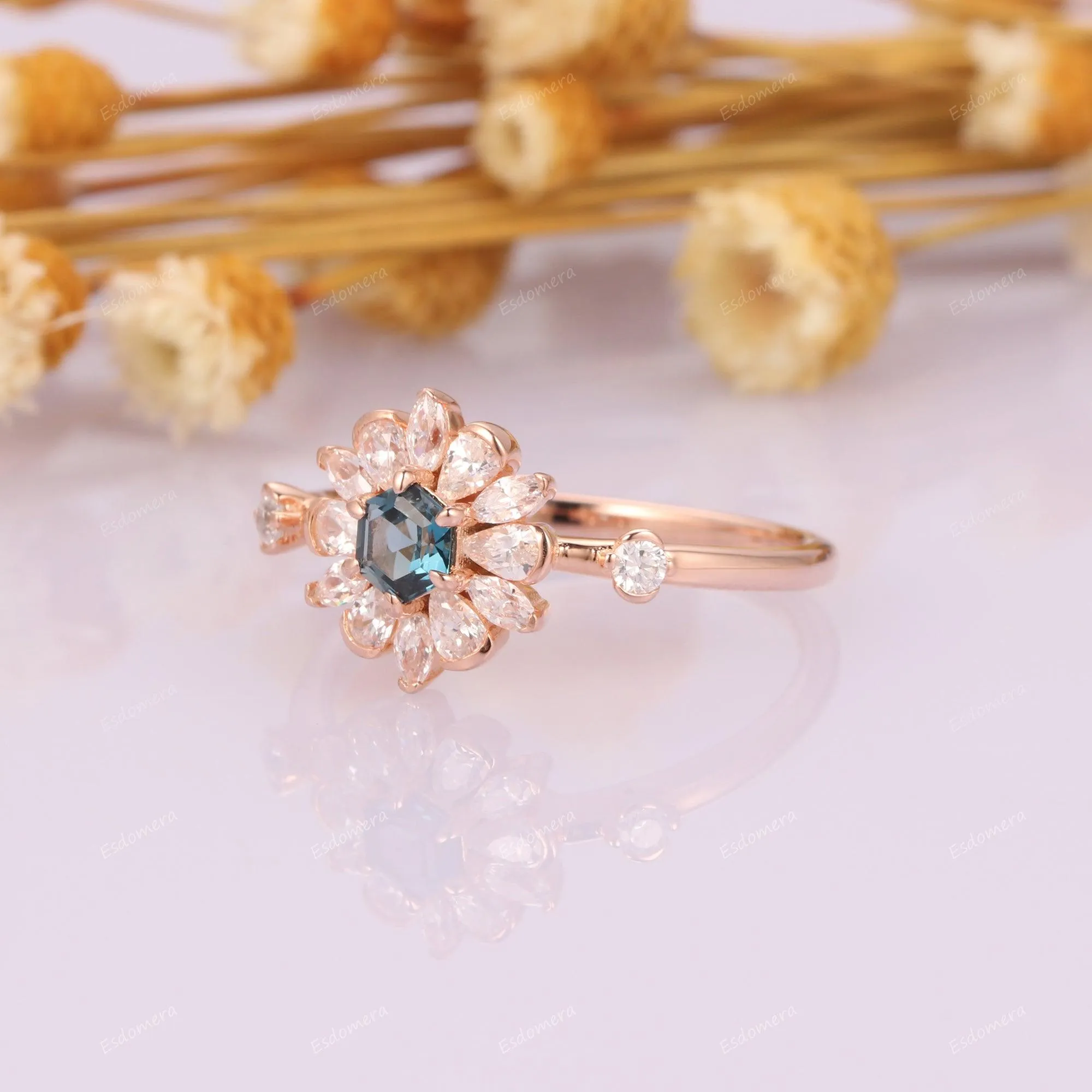 Art Deco Floral Halo Gold Ring, Unique Hexagon Cut London Blue Topaz Engagement Ring