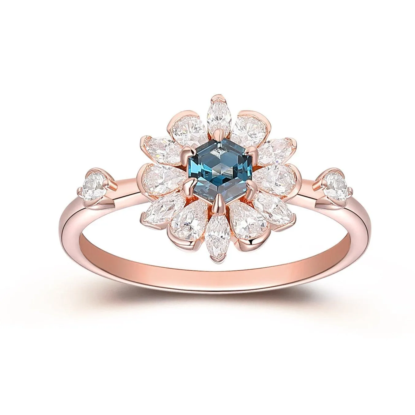Art Deco Floral Halo Gold Ring, Unique Hexagon Cut London Blue Topaz Engagement Ring