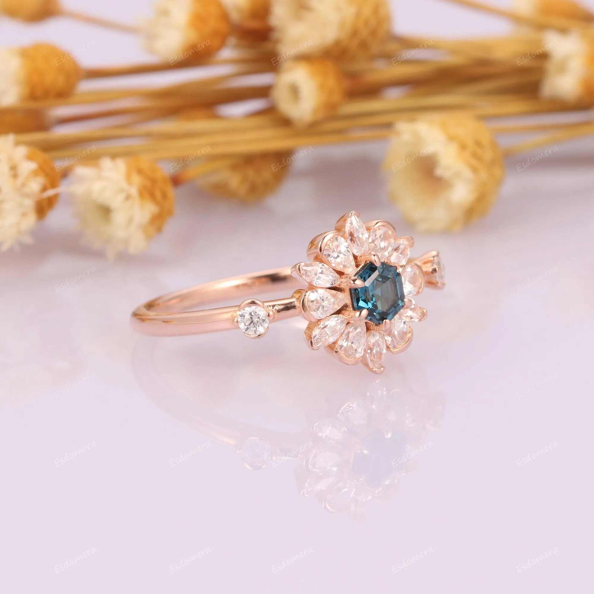 Art Deco Floral Halo Gold Ring, Unique Hexagon Cut London Blue Topaz Engagement Ring