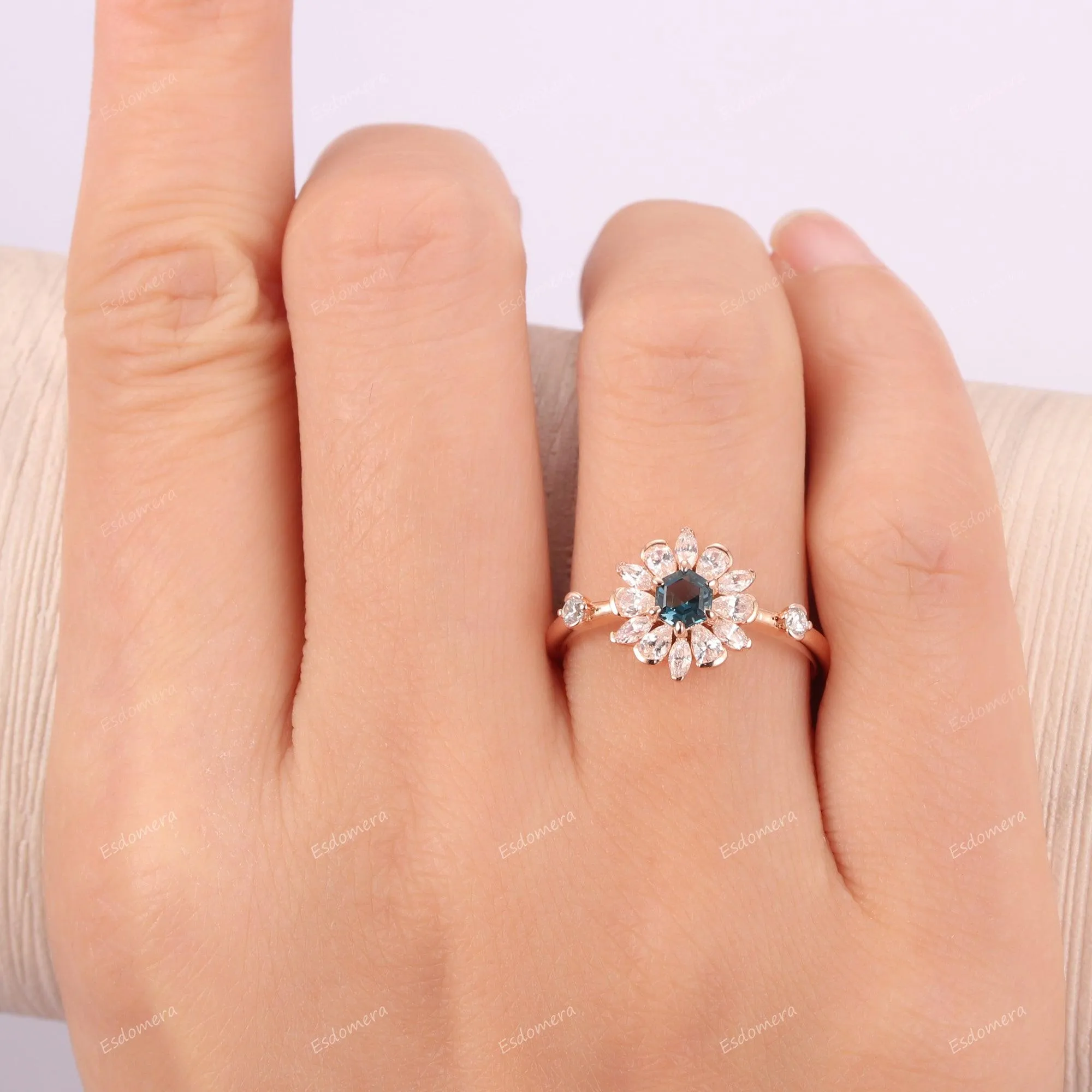 Art Deco Floral Halo Gold Ring, Unique Hexagon Cut London Blue Topaz Engagement Ring