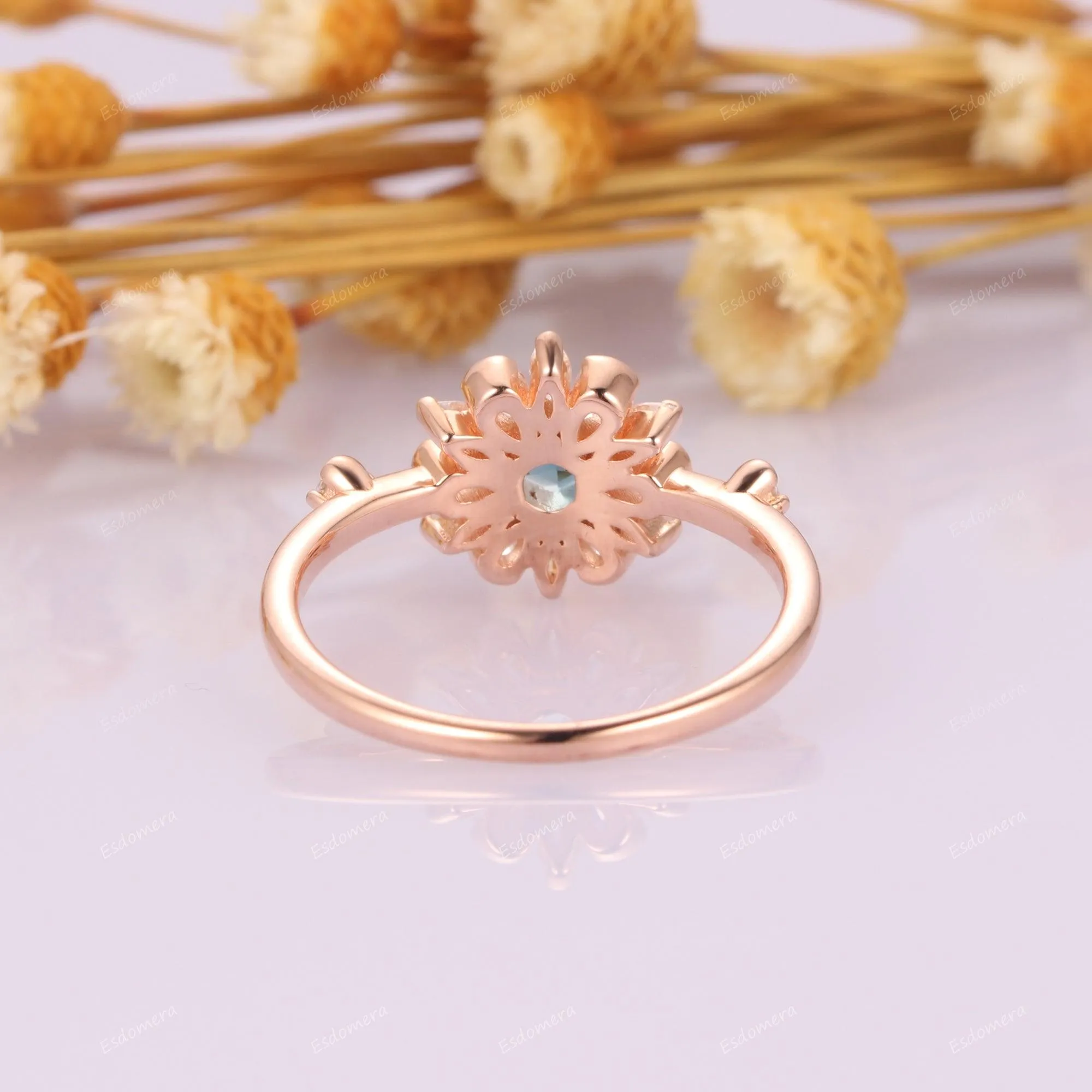Art Deco Floral Halo Gold Ring, Unique Hexagon Cut London Blue Topaz Engagement Ring
