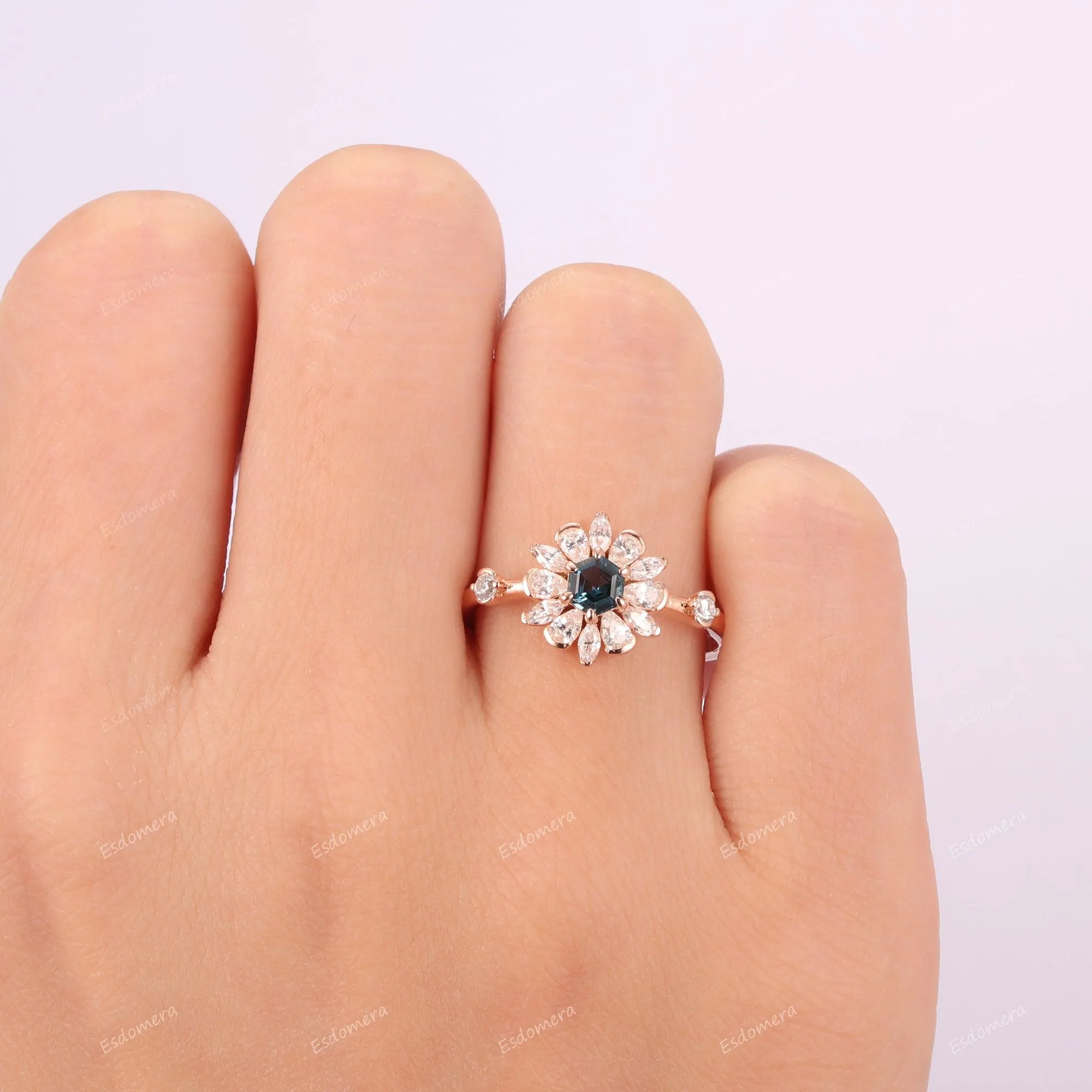 Art Deco Floral Halo Gold Ring, Unique Hexagon Cut London Blue Topaz Engagement Ring