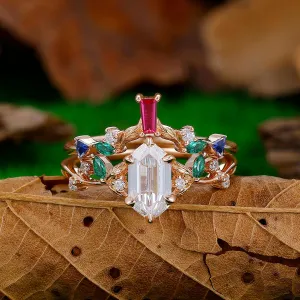 Art Deco Leaf 1.1 CT Long Hexagon Cut Moissanite Engagement Ring Set Unique Colorful Gems