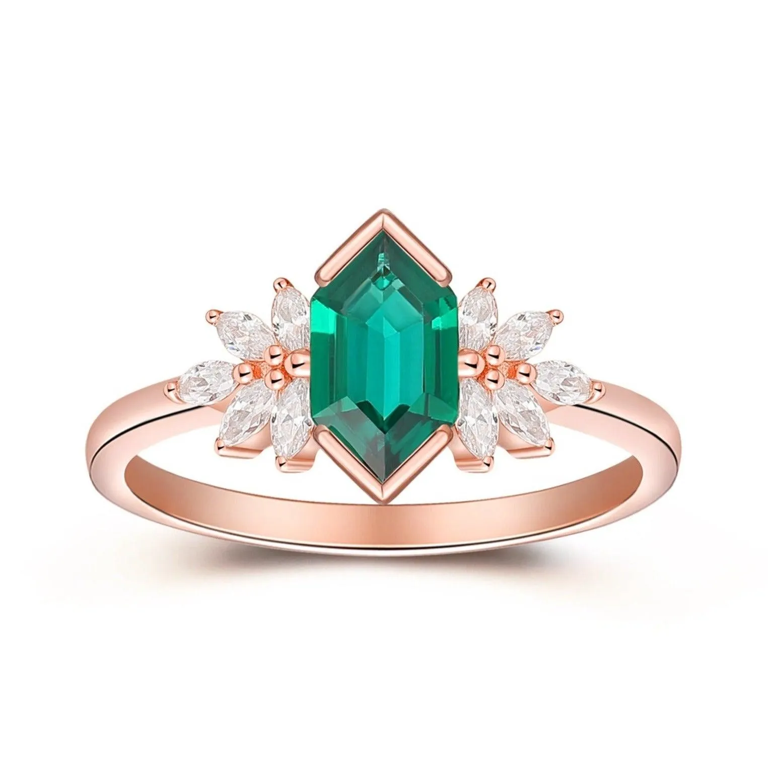 Art Deco Long Hexagon Cut Emerald Engagement Ring, Moissanite Anniversary Proposal Ring For Women