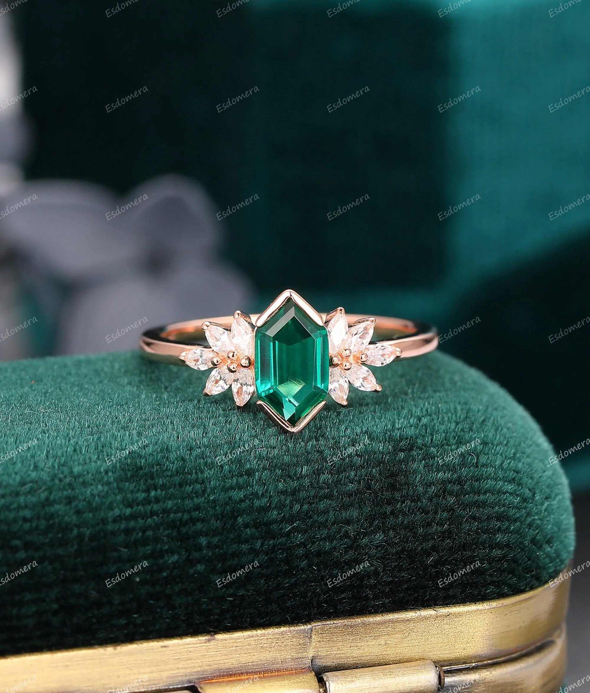 Art Deco Long Hexagon Cut Emerald Engagement Ring, Moissanite Anniversary Proposal Ring For Women