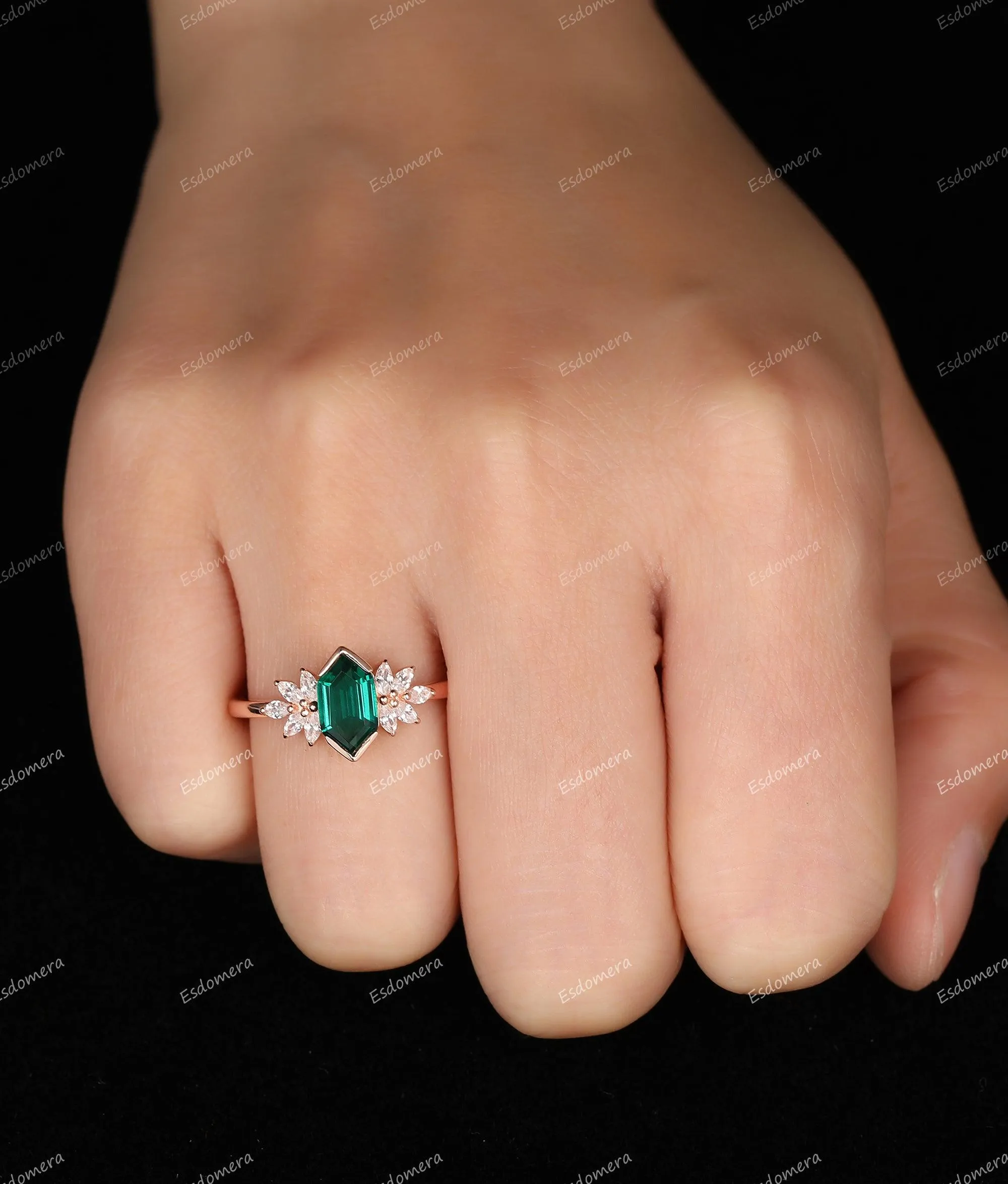 Art Deco Long Hexagon Cut Emerald Engagement Ring, Moissanite Anniversary Proposal Ring For Women