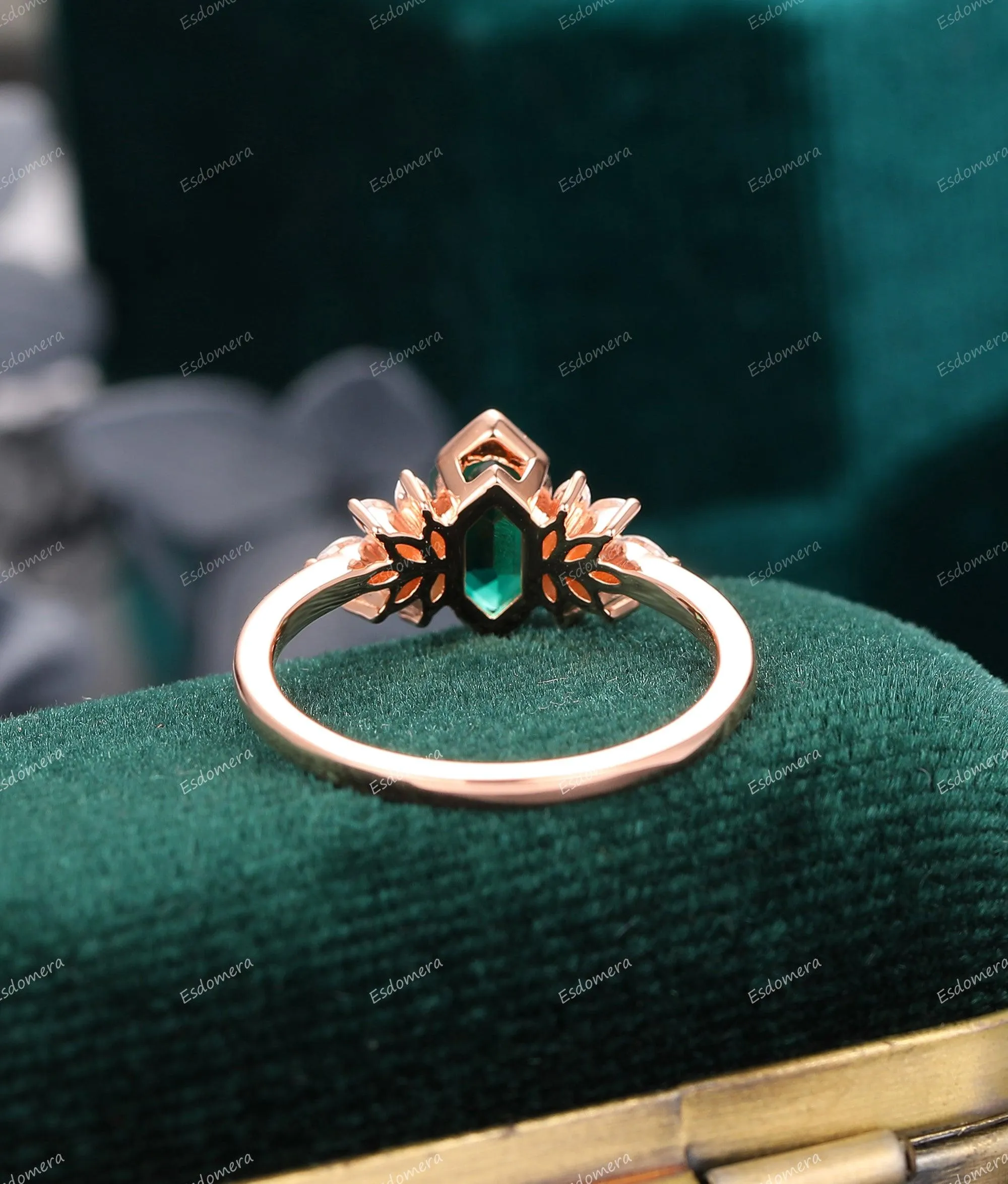 Art Deco Long Hexagon Cut Emerald Engagement Ring, Moissanite Anniversary Proposal Ring For Women