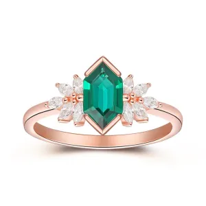 Art Deco Long Hexagon Cut Emerald Engagement Ring, Moissanite Anniversary Proposal Ring For Women