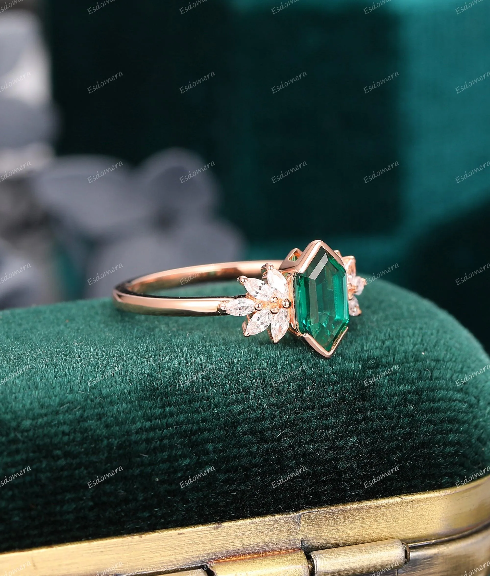 Art Deco Long Hexagon Cut Emerald Engagement Ring, Moissanite Anniversary Proposal Ring For Women