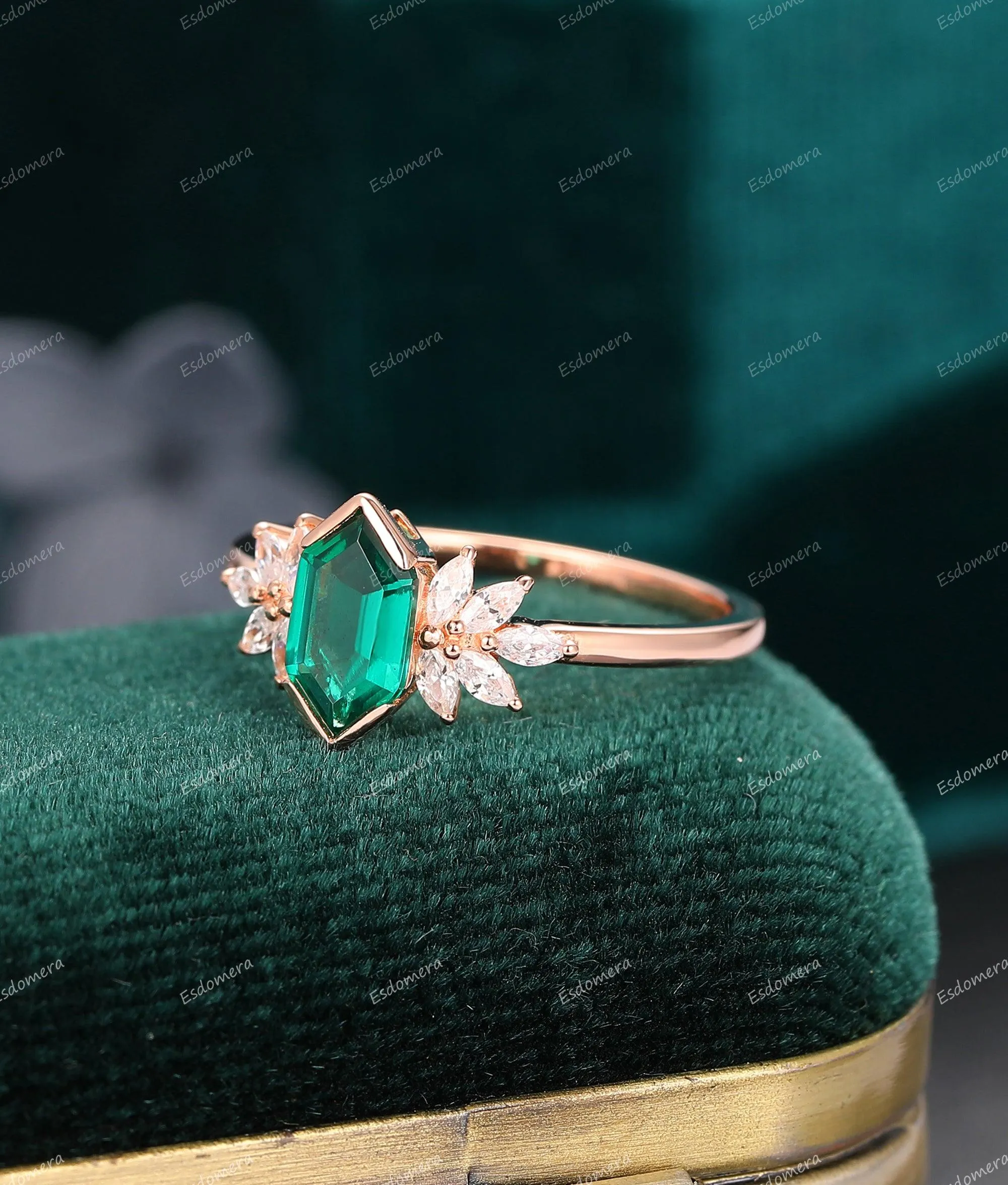 Art Deco Long Hexagon Cut Emerald Engagement Ring, Moissanite Anniversary Proposal Ring For Women