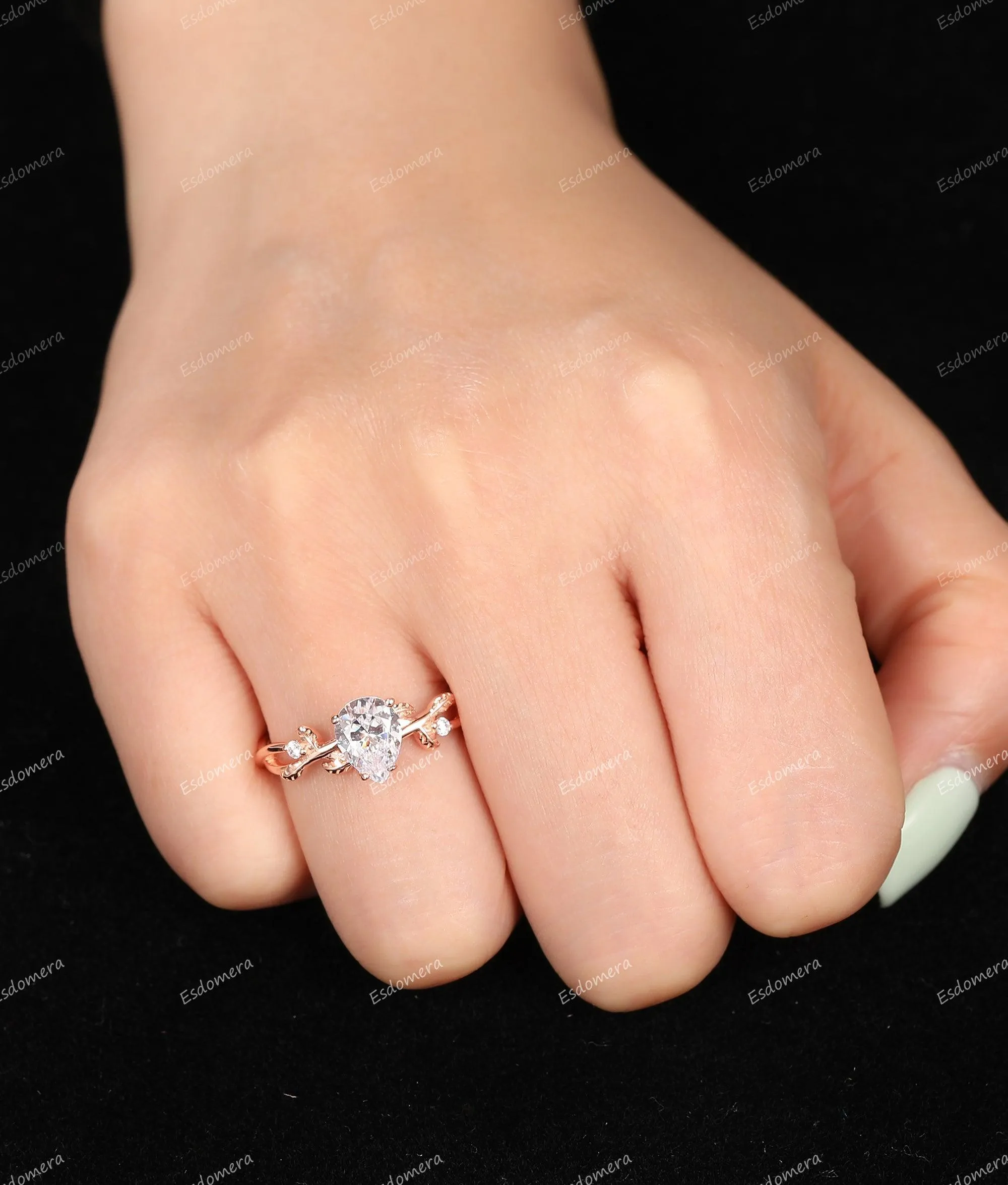 Art Deco Pear Cut 1.3CT Moissanite Engagement Ring Leaf Vine Shaped Ring Delicate Anniversary Ring