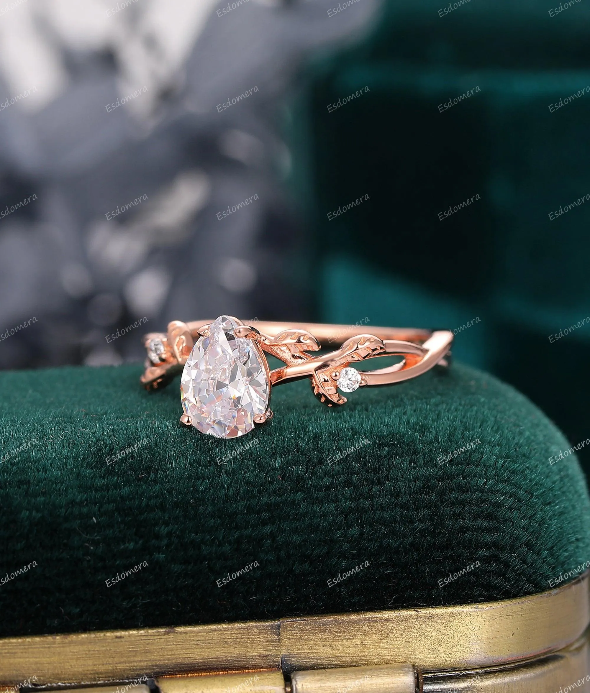 Art Deco Pear Cut 1.3CT Moissanite Engagement Ring Leaf Vine Shaped Ring Delicate Anniversary Ring