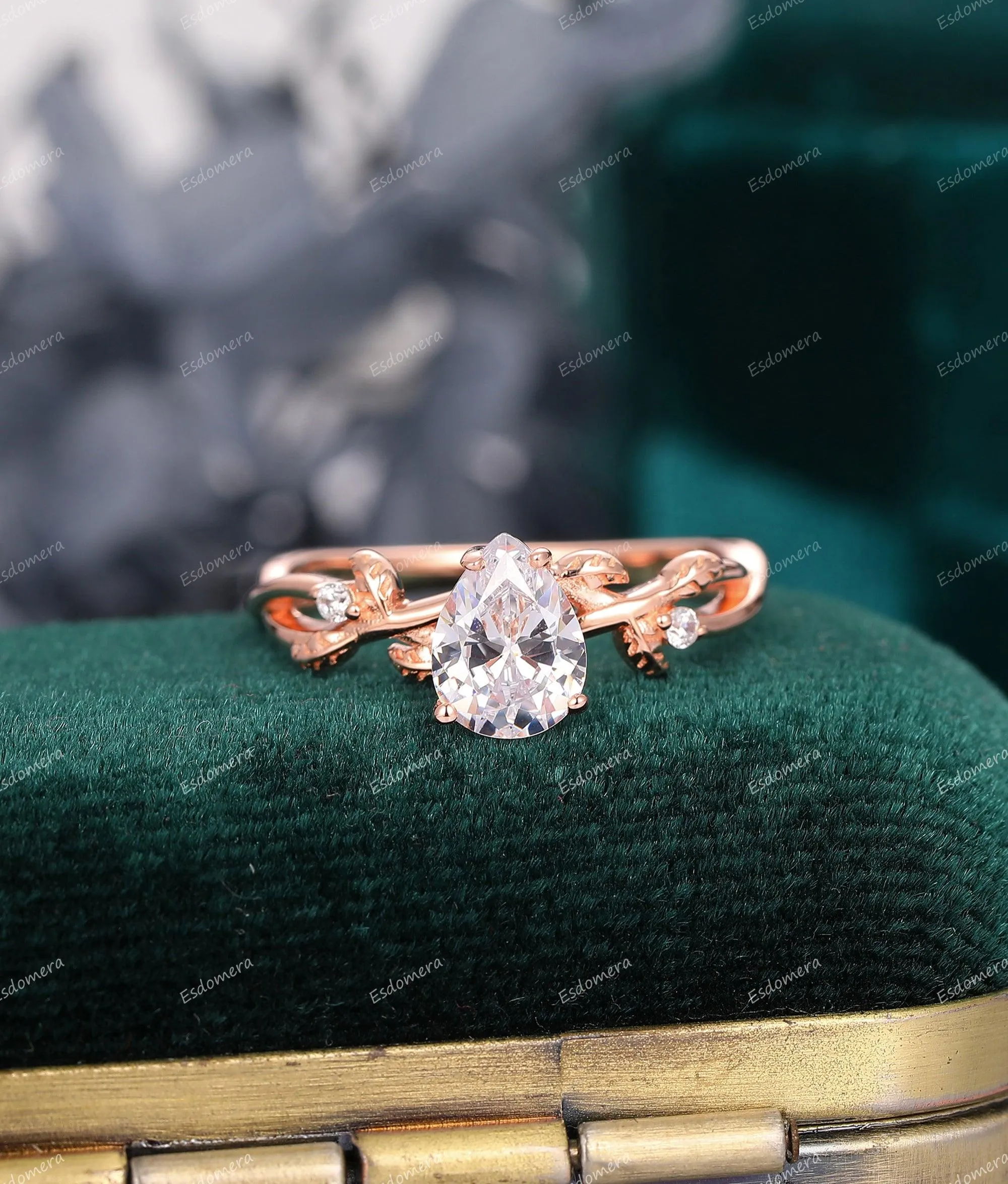 Art Deco Pear Cut 1.3CT Moissanite Engagement Ring Leaf Vine Shaped Ring Delicate Anniversary Ring
