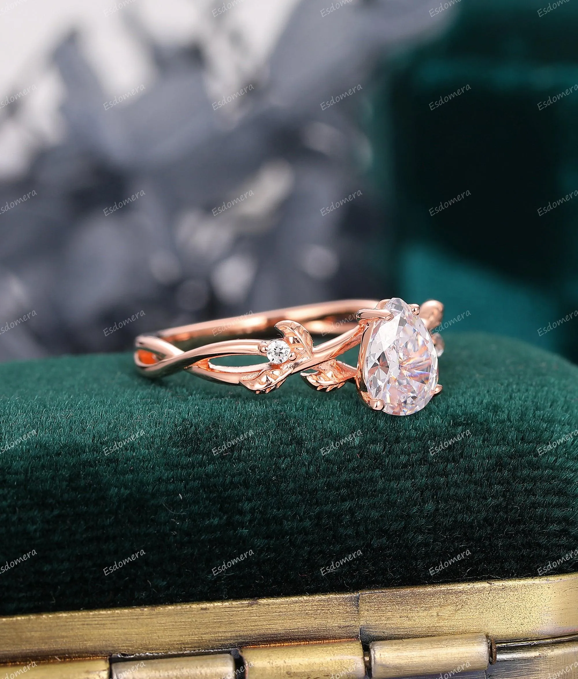 Art Deco Pear Cut 1.3CT Moissanite Engagement Ring Leaf Vine Shaped Ring Delicate Anniversary Ring