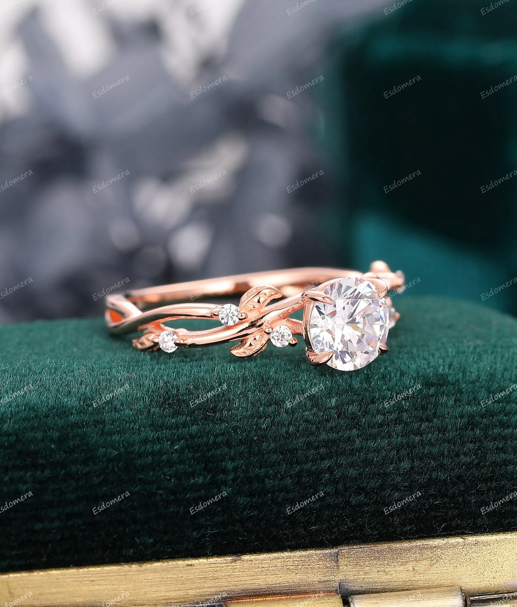 Art Deco Round Cut 1CT Moissanite Engagement Ring 4 Prongs Leaf Vine Wedding Ring