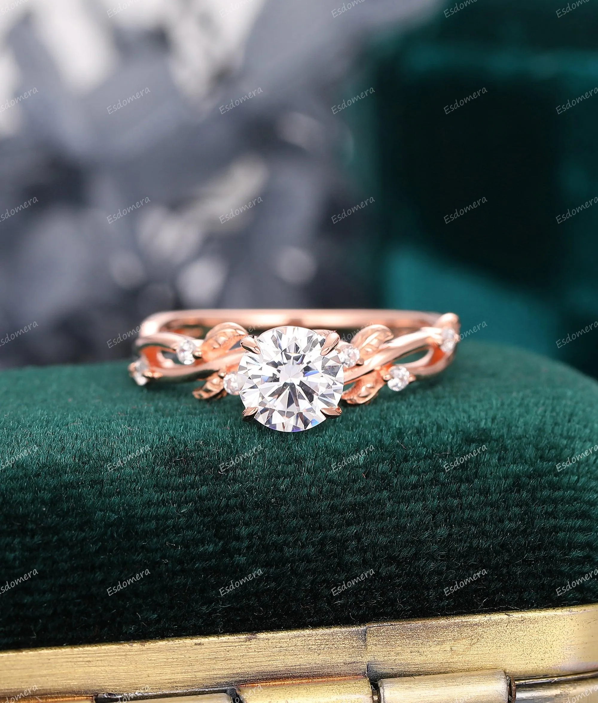 Art Deco Round Cut 1CT Moissanite Engagement Ring 4 Prongs Leaf Vine Wedding Ring