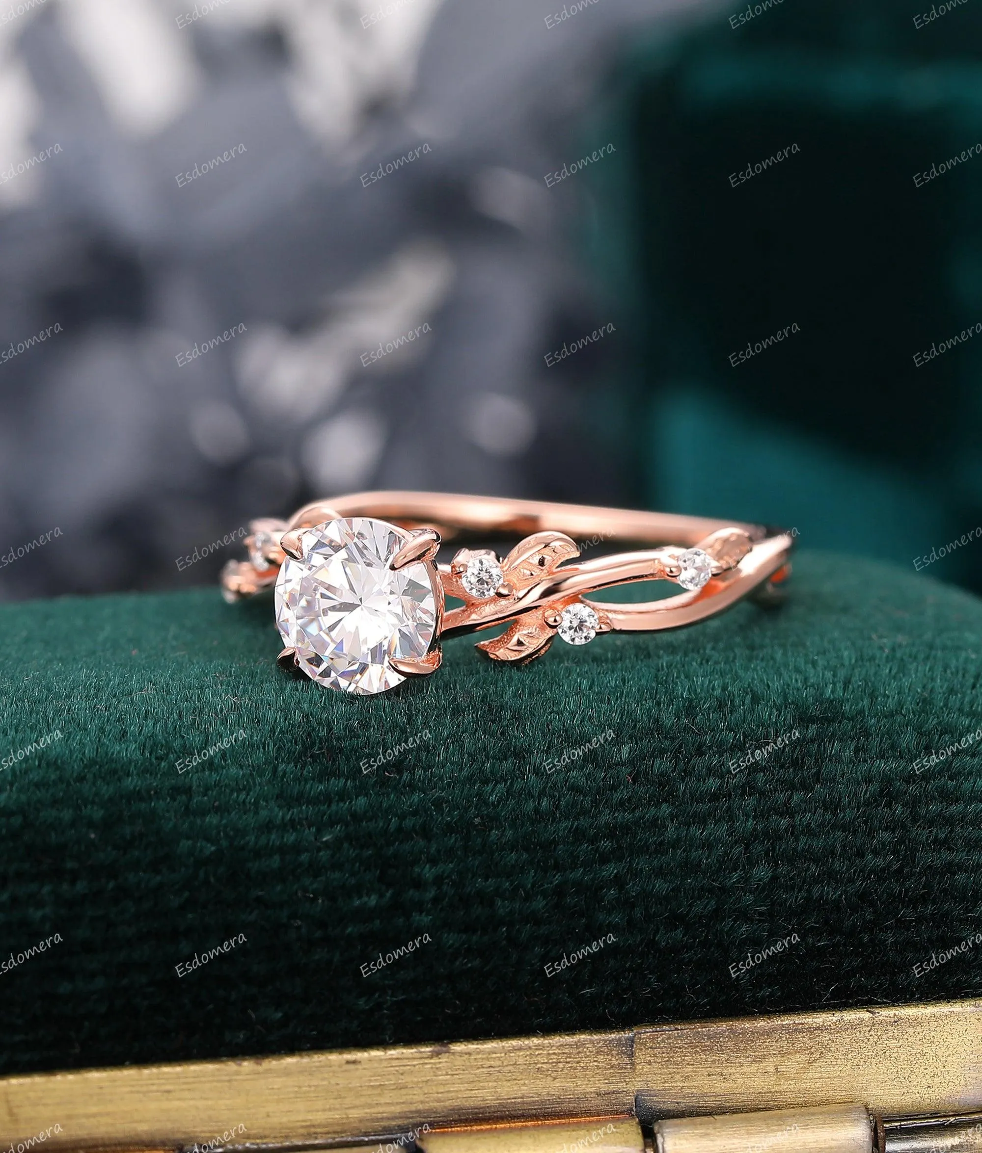 Art Deco Round Cut 1CT Moissanite Engagement Ring 4 Prongs Leaf Vine Wedding Ring