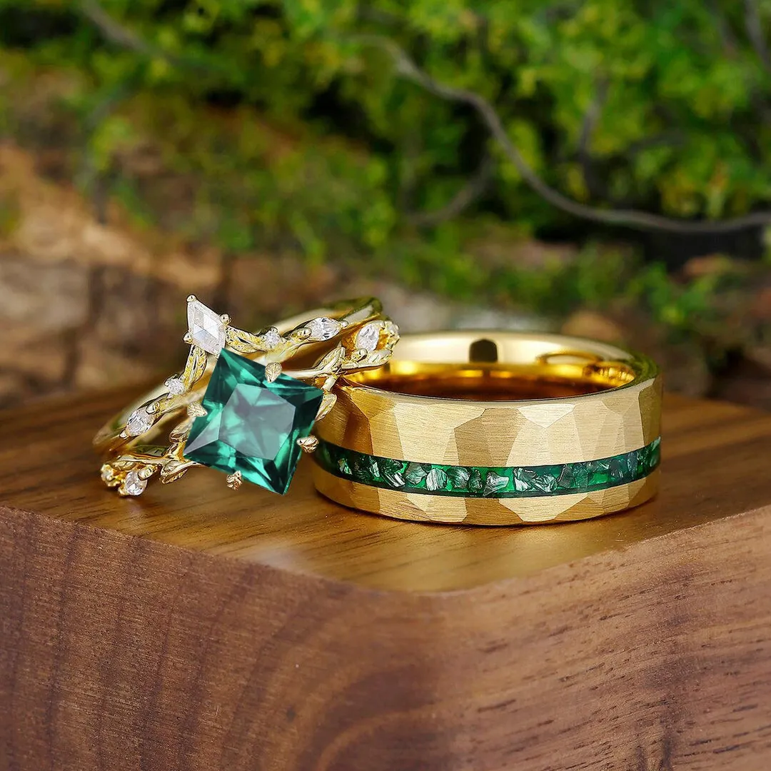 Artistic Princess Cut Emerald Slender Leaves Couples Ring Crushed Emerald Tungsten Promise Couples Ring Set