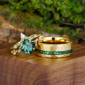 Artistic Princess Cut Emerald Slender Leaves Couples Ring Crushed Emerald Tungsten Promise Couples Ring Set