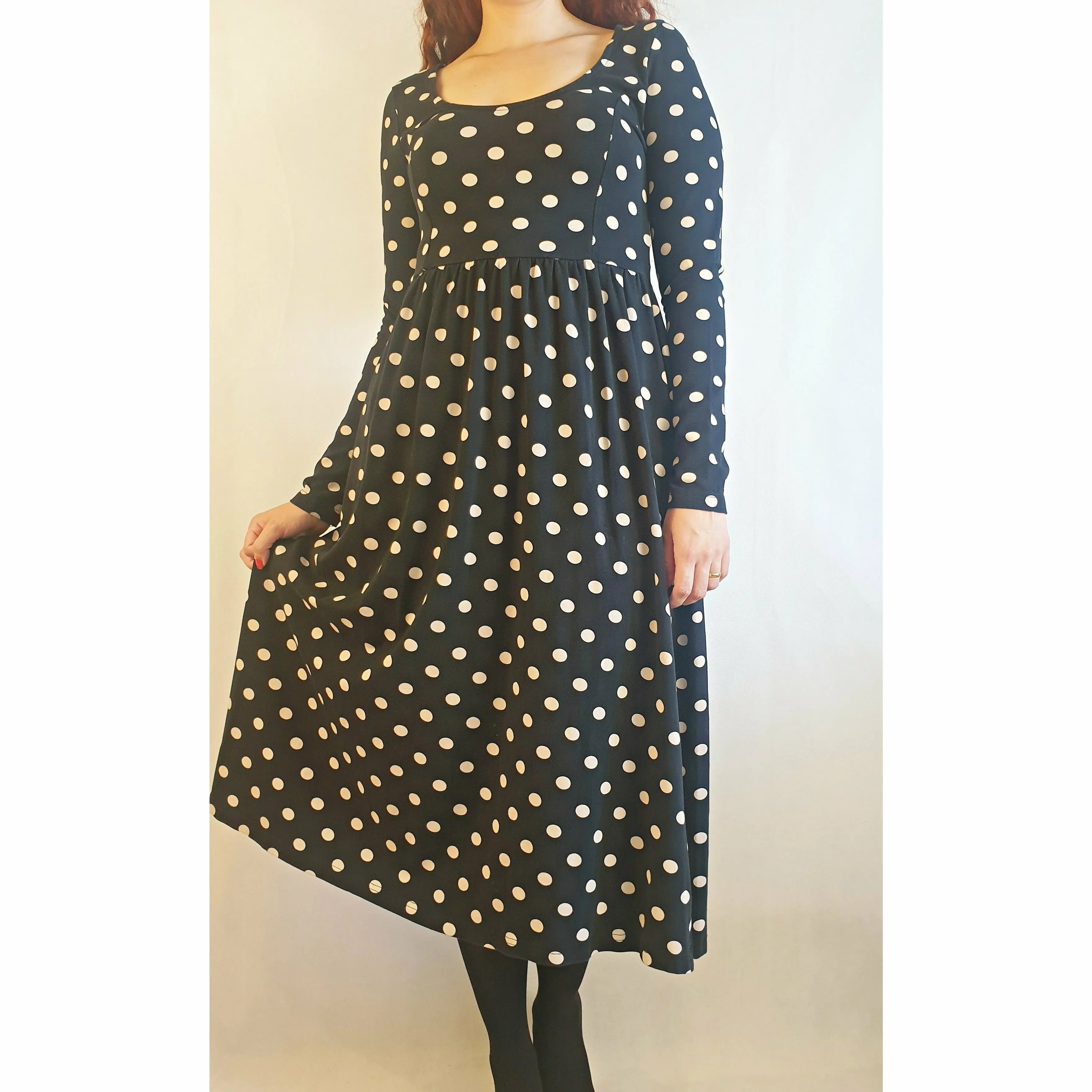 Asos pre-owned black long sleeve dress with white polka dots size 10