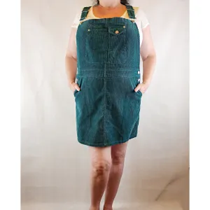 Asos pre-owned green cord sleeveless overall style dress size UK 16