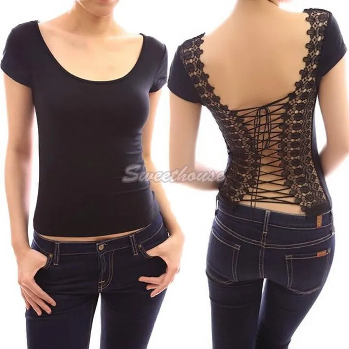 Backless T Shirt Women Lace Clubwear Shirts Splicing Tops Women T-Shirt Black White Short Sleeve Tshirt