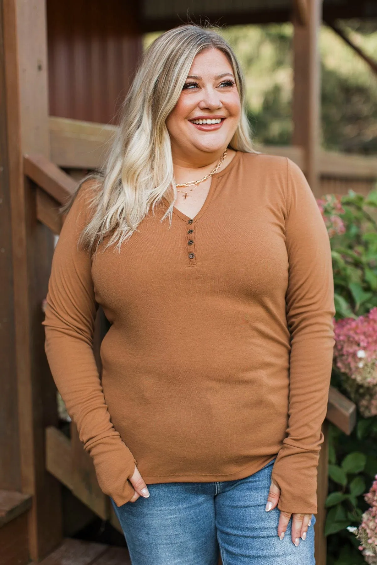 Be Mindful Long Sleeve Henley Top- Honey Brown