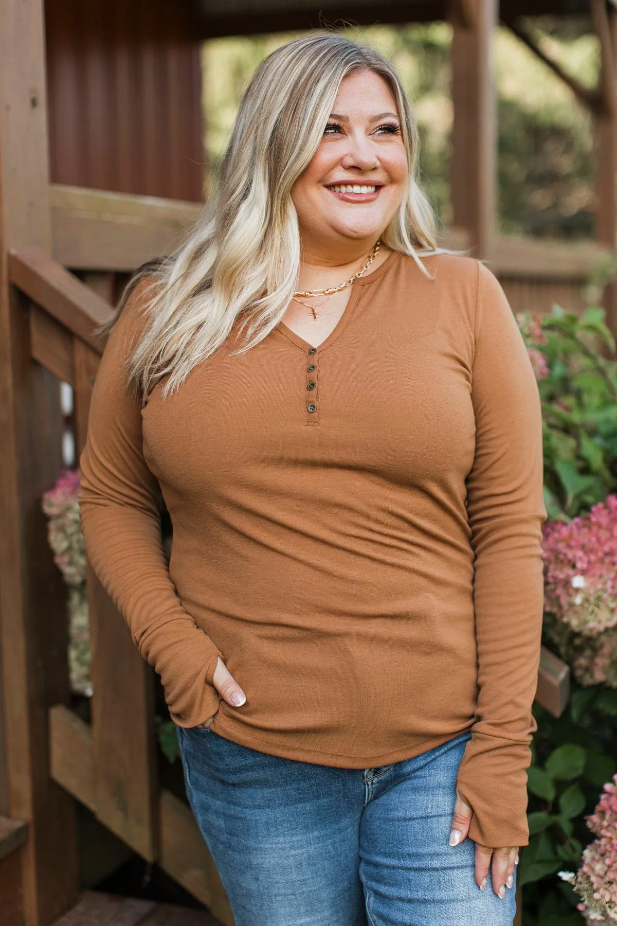 Be Mindful Long Sleeve Henley Top- Honey Brown