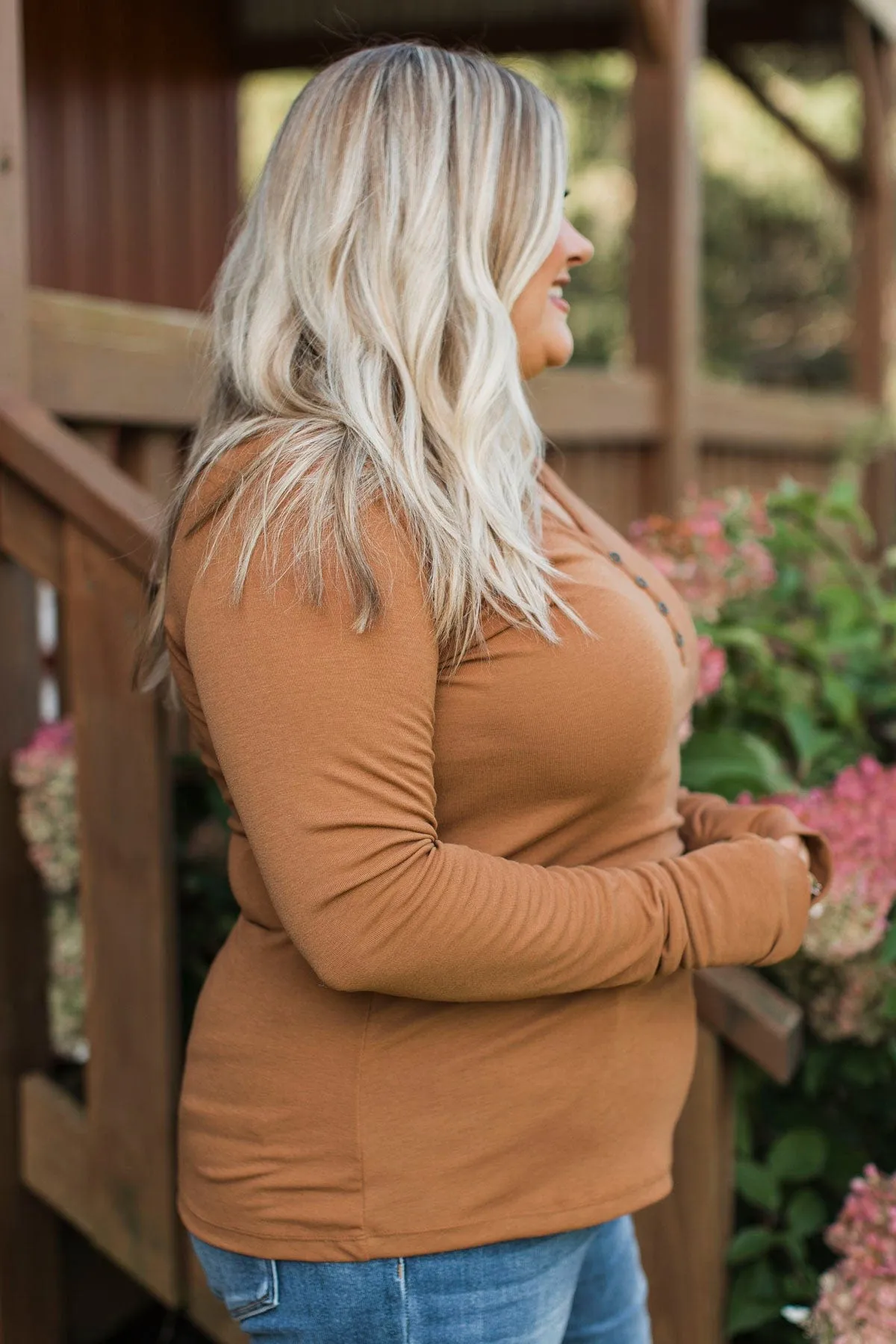 Be Mindful Long Sleeve Henley Top- Honey Brown