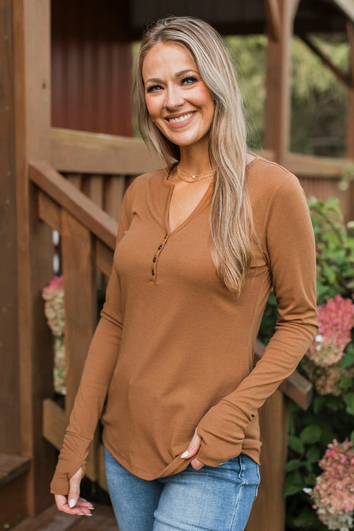 Be Mindful Long Sleeve Henley Top- Honey Brown