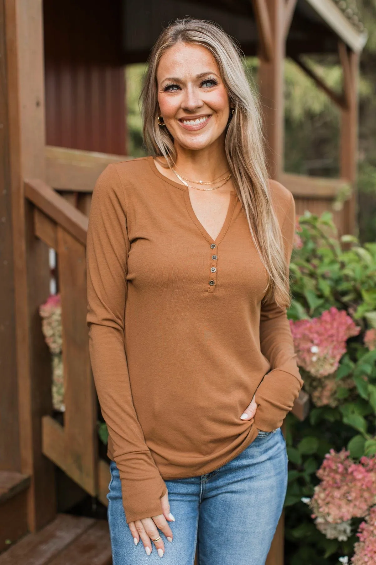 Be Mindful Long Sleeve Henley Top- Honey Brown