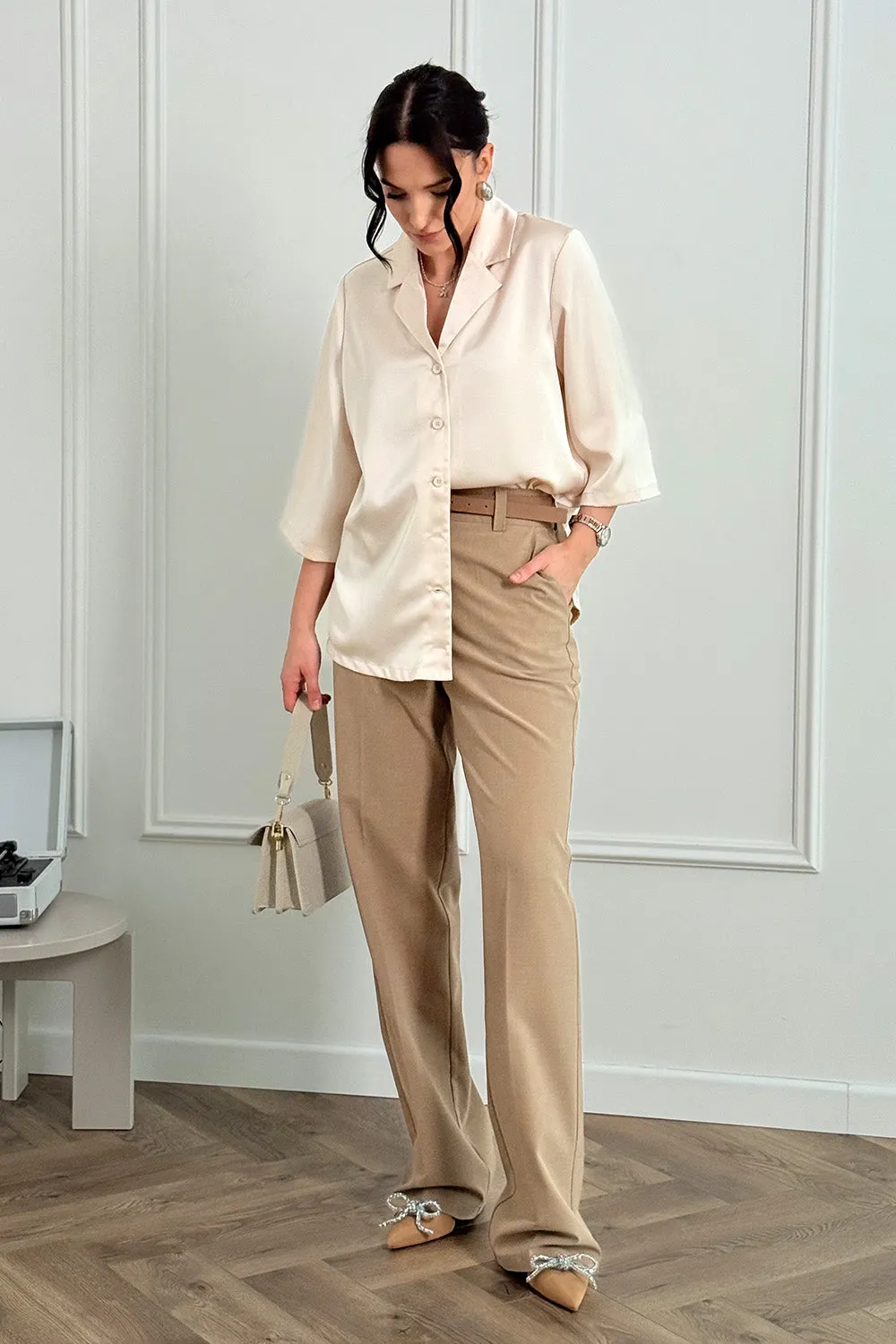 Beige silk shirt with jacket collar