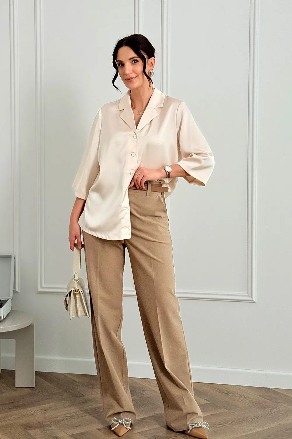Beige silk shirt with jacket collar