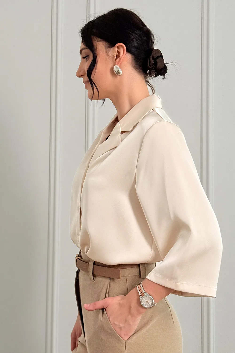 Beige silk shirt with jacket collar