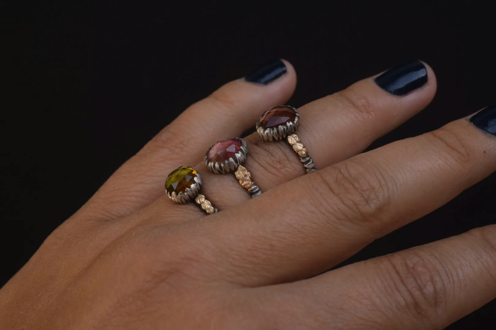 Bicolor Tourmaline 14k Fern Rings