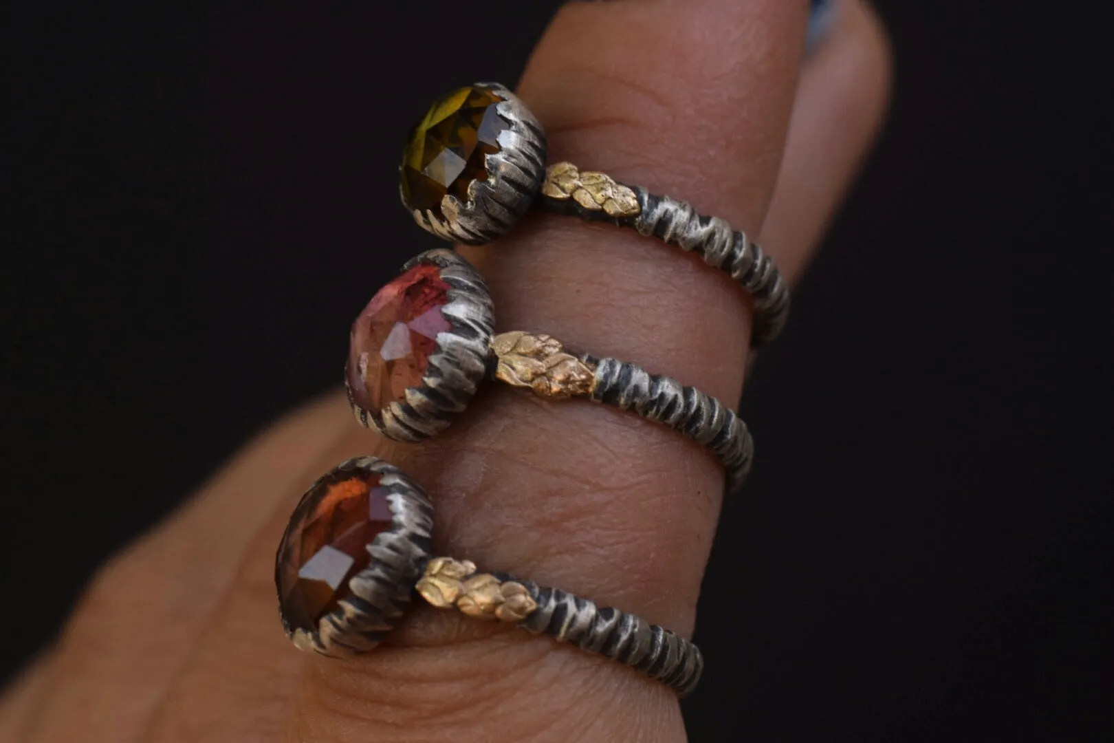 Bicolor Tourmaline 14k Fern Rings