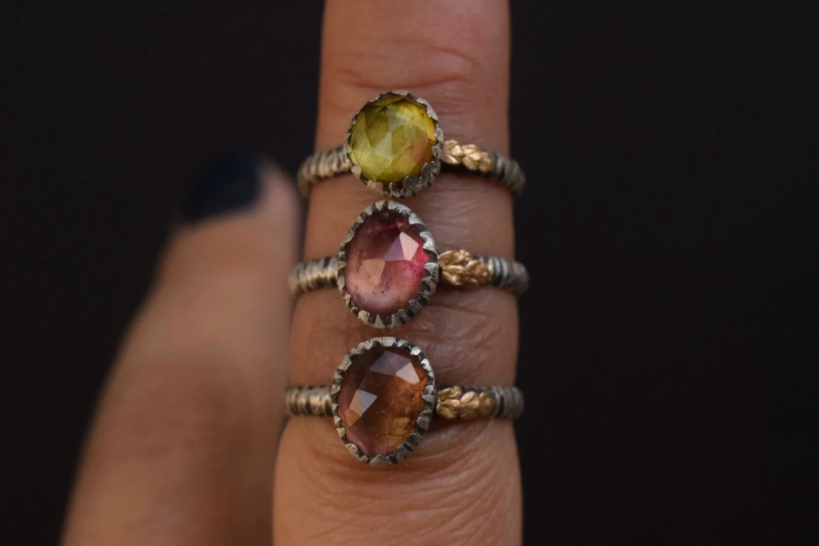 Bicolor Tourmaline 14k Fern Rings